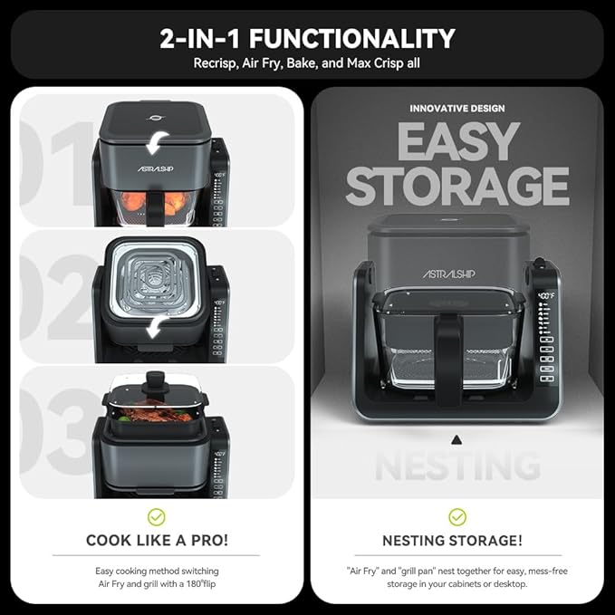 Astralship 2-in-1 Glass Air Fryer & Grill Combo, 4.2 QT + 1.3 QT Capacity, 7 Digital Presets, Small, Non-Toxic See-Through Glass Bowl, Low-Oil Healthy Cooking, Easy to Clean, Multi-Function Design