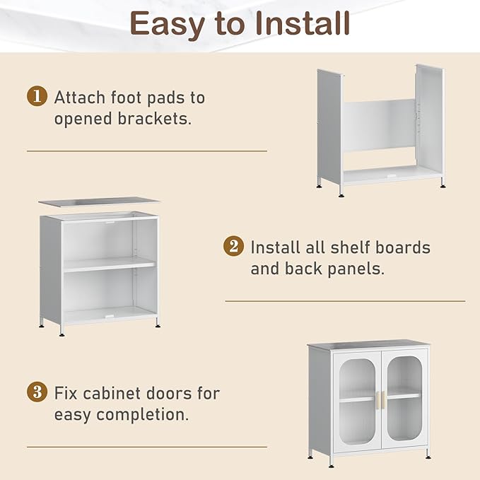 ZZL Sideboard Buffet Cabinet,Outdoor Storage Cabinet, 2 Doors, Metal,Adjustable Shelf,Sintered Stone Top(Scratch,Heat Resistant,Corrosion-Resistance) for Kitchen,Coffee Bar,Entryway(L 32.28''White)