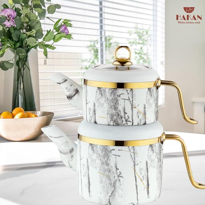 Hakan Melody Turkish Tea Pot Set | 3.5 L Tea Kettles for Stovetop with Stainless Steel Handless and Glass Lid | Aluminum Body Tea Maker | Double Stovetop Kettles with Granite Cover, White 3.6 qt