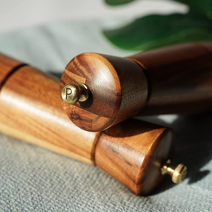 Pepper Grinder, Pepper Mill with Adjustable Stainless Steel, Acacia Wood, 16.5 cm Height, Bottom Dia: 5 cm, Upper Dia: 4.5 cm (Tray is NOT Included)
