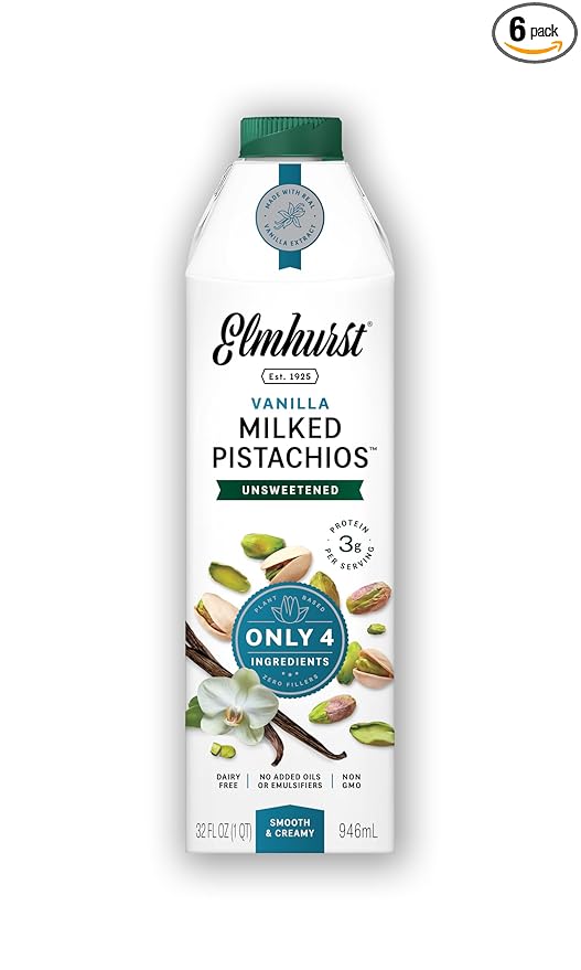 Elmhurst 1925 Vanilla Pistachio Milk Unsweetened - 32 Ounce (Pack of 6) Dairy-Free, Vegan, Kosher, Shelf Stable Milk Made w/Vanilla, Water & Pistachio for Healthier, Simpler Plant-Based Alternatives
