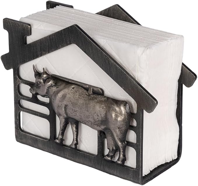 Metal Napkin Holder for Table, Antique Cow Farm Style, Rustic Vertical Tissue Napkins Holder for Paper Napkins (Cow/Black)