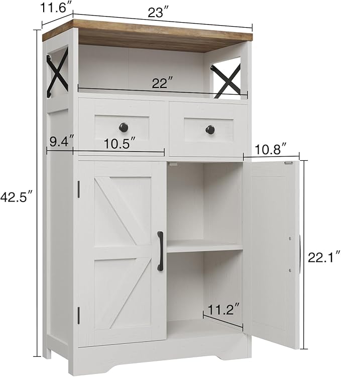 Farmhouse White Storage Cabinet with Doors and Drawers, Freestanding Kitchen Pantry Cabinet, Floor Storage Cabinet Hutch Cupboard for Kitchen/Laundry/Living Room/Bedroom