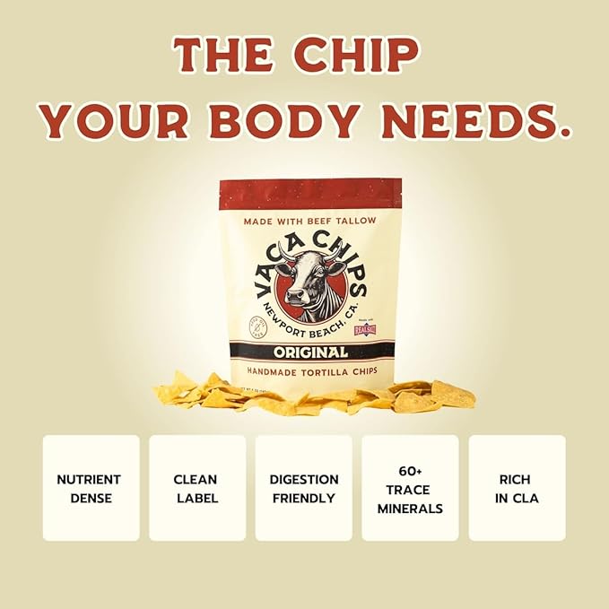 Vaca Chips – Beef Tallow Tortilla Chips, Original Flavor – 3 Pack of 5 oz Bags – Seed Oil Free Snack Made with Organic Corn & Sea Salt – Gluten Free, No Preservatives, Cooked in Beef Tallow