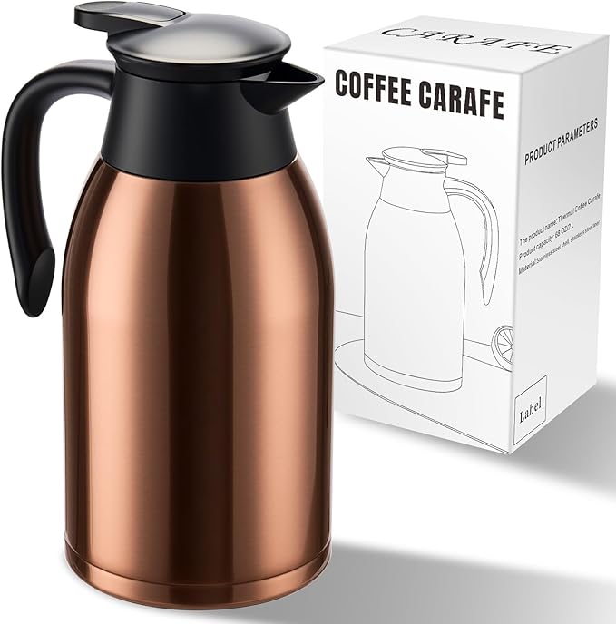 PARACITY 68oz Thermal Coffee Carafe Stainless Steel, Coffee Carafes for Keeping Hot, Double Walled Vacuum Insulated Coffee Urn for Coffee & Tea, Home & Office (Gold Brown)