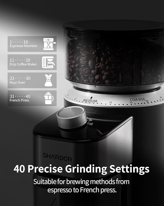 SHARDOR Electric Burr Coffee Bean Grinder for Home Use, 40 Grind Settings with 50-Second Adjustable Timer, One-Touch Espresso Grinder, Black