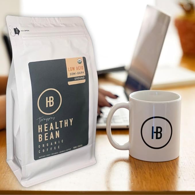 Healthy Bean Organic Low Acid Coffee Ground - USDA Organic Mold-Free, Superfood Infused, Clean and Healthy - Low Acid for Sensitive Stomachs - Semi-Dark Roast Ground Coffee, 10oz (1-Pack)