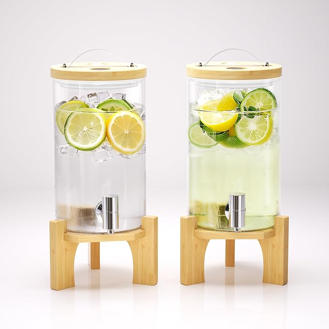 1.2 Gallon Glass Drink Dispenser For Parties, Beverage Dispenser With Bamboo Wood Stand And Stainless Steel Spigot, Countertop Water Dispenser, Lemonade Dispenser For Wedding, Picnic (2PACK)