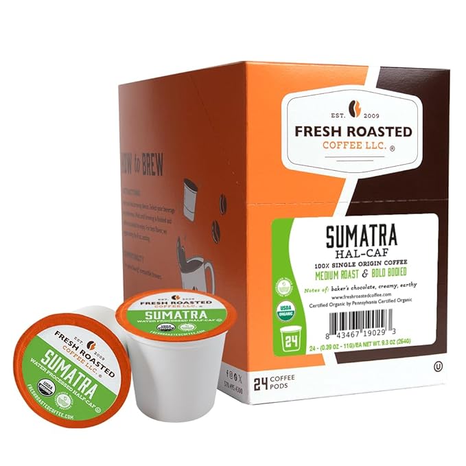 Fresh Roasted Coffee, Organic Sumatra Water-Processed Half-Caf | 100% Single Origin, USDA Organic, Kosher | Medium Roast K-Cup Compatible | 24 Pods