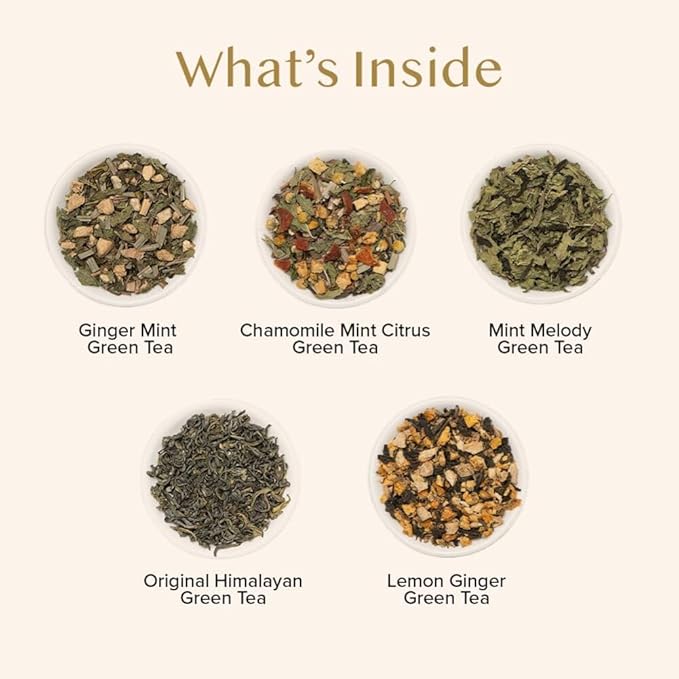 VAHDAM, Assorted Green Tea Bags Sampler (5 Flavors, 20 Ecofriendly Pyramid Tea bags) I Christmas 2025 Gift Ideas for Women & Men | Himalayan Green Tea Varieties | Gluten Free & Non GMO