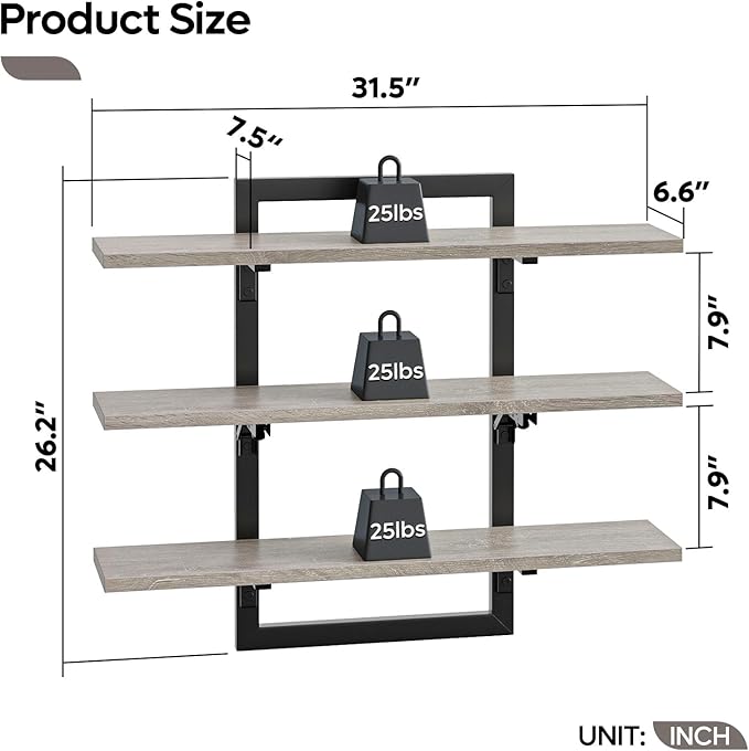 Bestier Floating Shelves for Wall, 32 inch Kitchen Shelves Wall Mounted, 3 Tier Coffee Bar Shelf with Foldable Brackets, Industrial Display Shelf for Bathroom, Living Room, Retro Grey