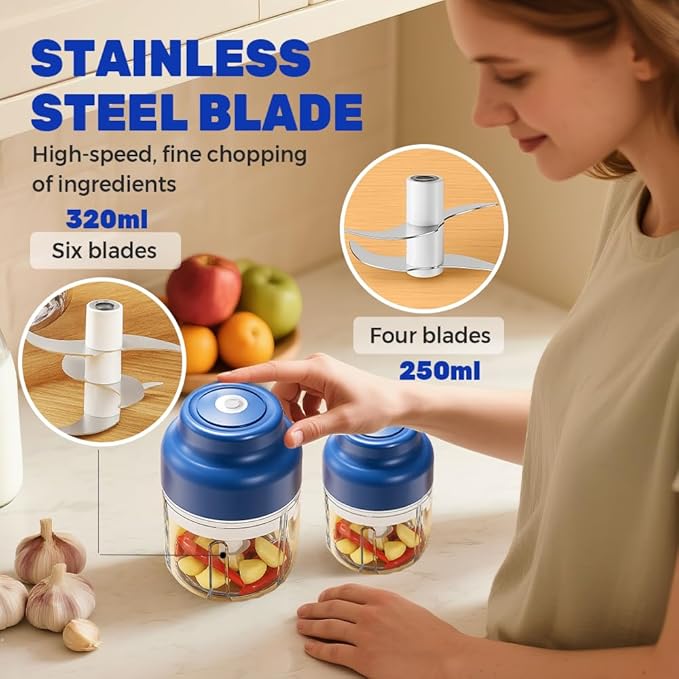 2026 Electric Garlic Chopper with USB Rechargeable Design, Portable Food Processor for Garlic, Onion, Chili, Nuts, Vegetables, One-Touch Mini Kitchen Helper (Blue, 320ml)