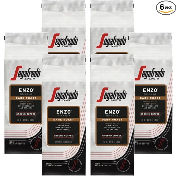 Segafredo Zanetti Ground Coffee – Made with Arabica Coffee – Dark Roast, Smoky with Hints of Roasted Nuts & Dark Chocolate – South American Blend – Rich, Full-Bodied – Enzo, 10oz Bag, Pack of 6