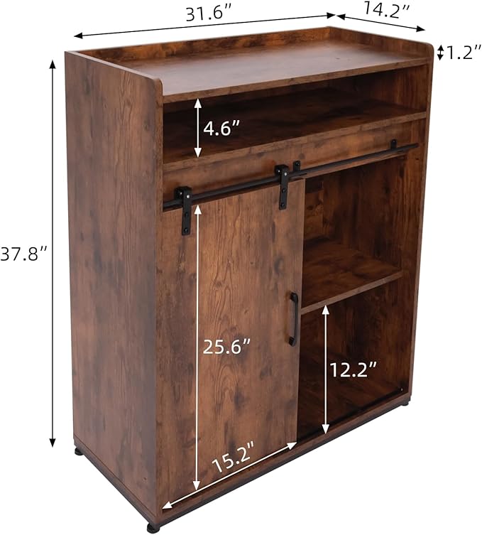ALBAD Coffee Bar Cabinet/Table, 32" Buffet Sideboard with Sliding Barn Door and Storage Shelves, Farmhouse Wood Kitchen/Accent Storage Cabinet Brown Walaut