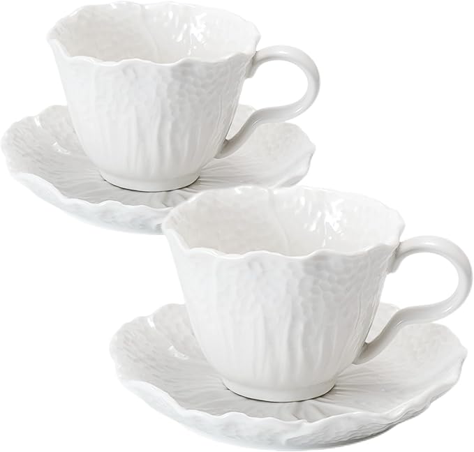 2 Pack White Ceramic Cups and Saucers Coffee Cups with Cabbage Floral Design 200ml (7 oz) Tea Cups for Espresso, Latte, Porcelain Mugs