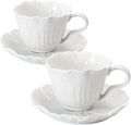 2 Pack White Ceramic Cups and Saucers Coffee Cups with Cabbage Floral Design 200ml (7 oz) Tea Cups for Espresso, Latte, Porcelain Mugs