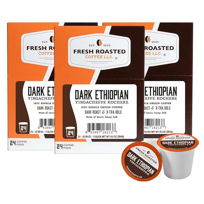Fresh Roasted Coffee, Dark Ethiopian Yirgacheffe Kochere, Dark Roast, 72 Pods for K Cup Brewers