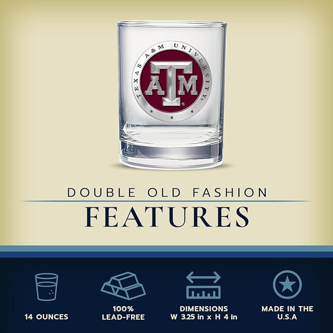 Heritage Pewter Texas A&M Double Old Fashion | Double Rocks Glass 14 OZ for Liquor | Expertly Crafted Pewter Glass