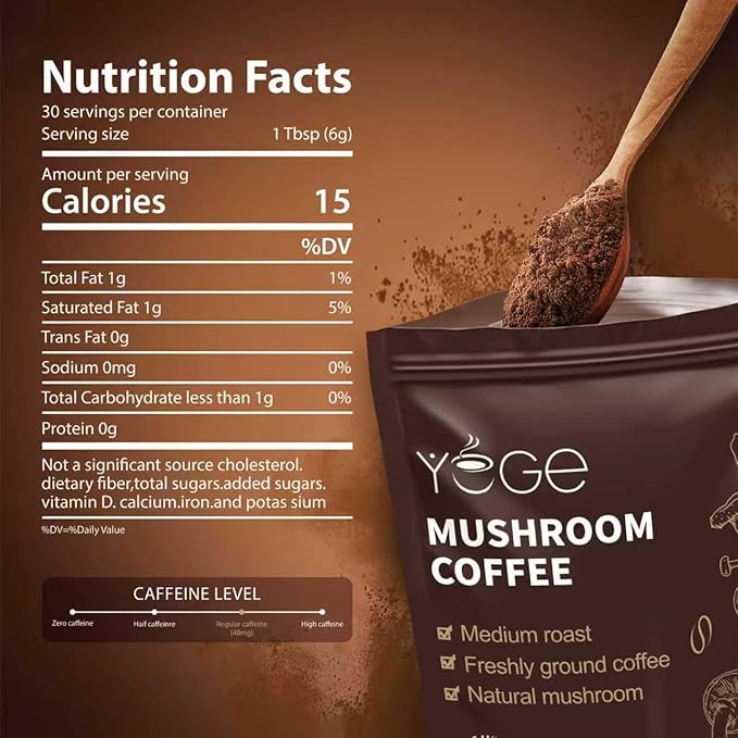 Mushroom Coffee, Instant Mushroom Coffee with Cordyceps, Reish, King Trumpet, Shitake, Turkey Tail, Lions Mane for Energy, Focus, Positive Mood & Immune Support (30 Servings)