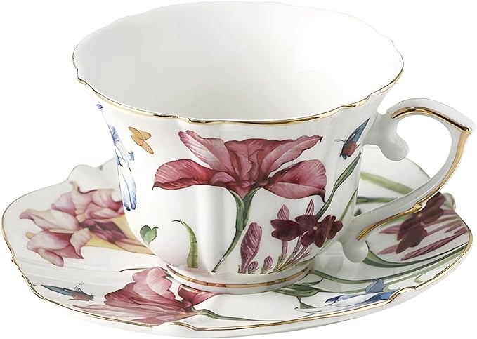 Floral Ceramic Cup Bone China Tea Cup and Saucer Set 6.8 Oz Gold Trim Vintage Style Porcelain Coffee Cup for Home Kitchen Office, Style 5