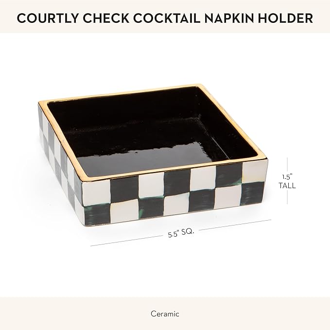 MACKENZIE-CHILDS Ceramic Cocktail-Napkin Holder, Kitchen Napkin Holder for Table and Countertop, Black-and-White Courtly Check