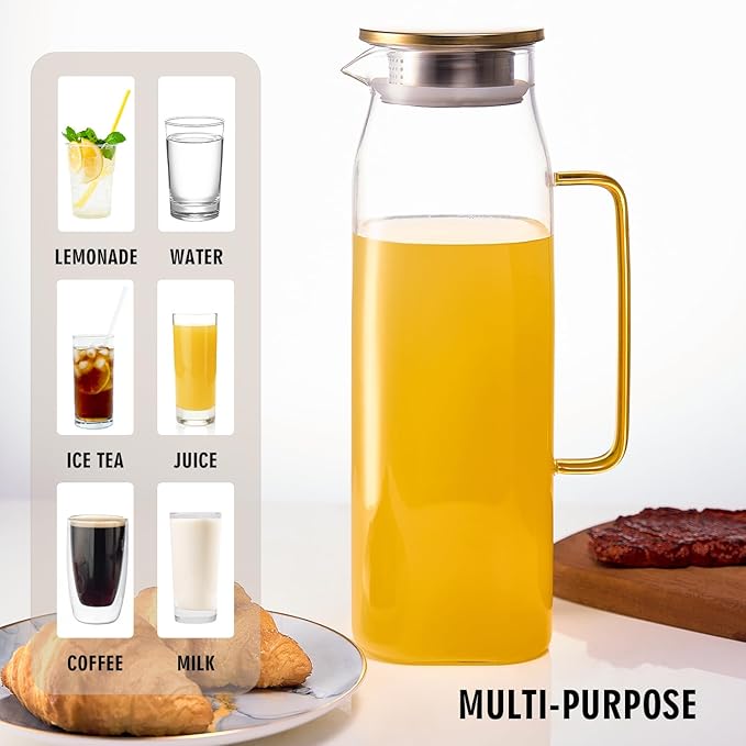 GLASKEY 74oz Square Glass Pitcher with Lid and Handle for Fridge,Borosilicate Glass Carafe for Hot or Cold Drink, Large Jug for Iced Tea,Coffee,Juice,Homemade Beverage (Gold)