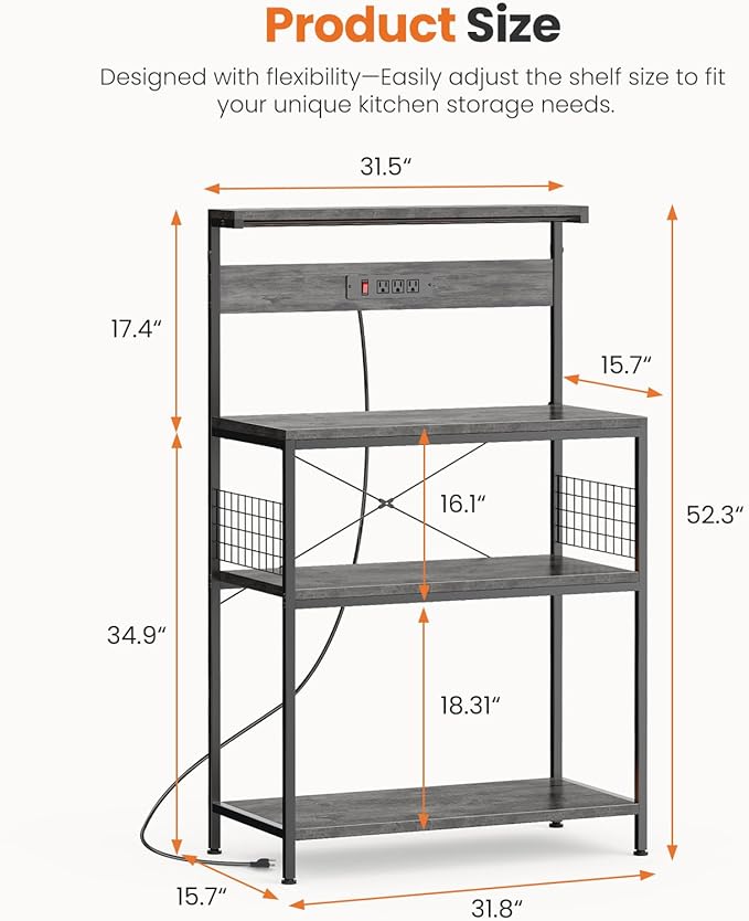 Sweetcrispy Kitchen Bakers Rack with Power Outlet, Coffee Bar Table 4 Tiers, Microwave Oven Stand Station, Adjustable Storage Shelf for Spices, Freestanding Appliance Organizer - 31.5 Inch, Gray