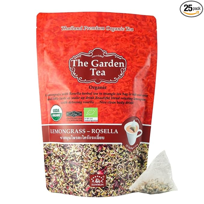 Suwirun Organic Lemongrass & Roselle Tea 25 Bags – Product of Thailand – Tangy Hibiscus & Citrus Herbal Blend, Caffeine-Free, No Calories, Naturally Sweet & Refreshing