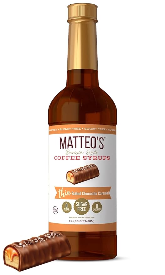 Matteo's Salted Chocolate Caramel Syrup for Coffee, Lattes, Cappuccinos & Desserts – Sugar-Free Sweetener for Beverages, Keto Friendly, Zero Calories, Indulgent Flavor, Non-Alcoholic, 33.8oz (1pk)