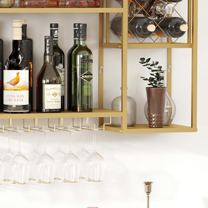 Metal Wall Mounted Wine Rack with Glass Holder, 2 Tier Mini Floating Bar Shelves, Liquor Bottle Display Shelf for Home Bar Kitchen Dining Room (Gold)