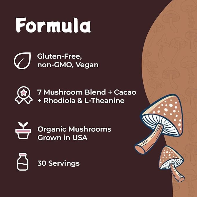 Melting Forest Mushroom Coffee, with 7 Functional Mushrooms, Cacao, Rhodiola, L-Theanine, Reishi & Lion's Mane, Stress Relieving, Focus, Cognitive Function & Mental Clarity (30 Servings)