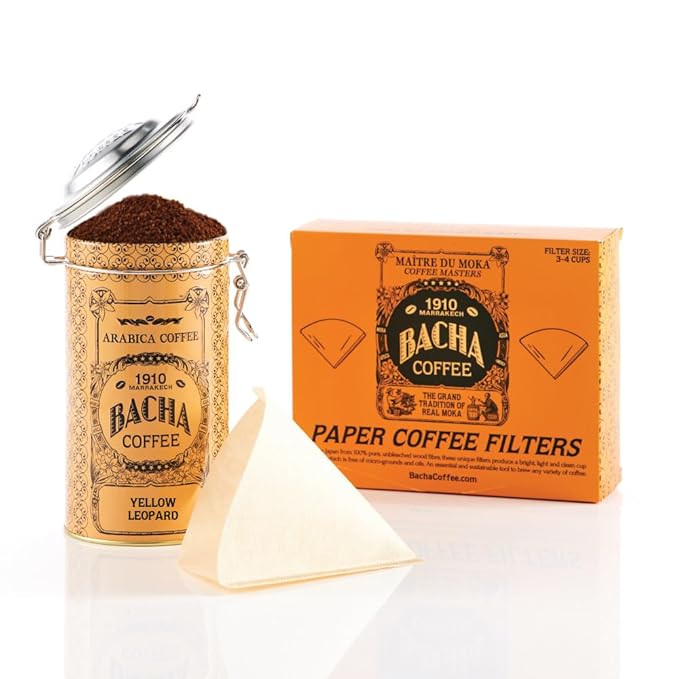Bacha Coffee | Yellow Leopard Fine Blended Coffee, Autograph Collection, 100% Arabica Specialty Coffee, Ground Beans, Medium Roast, 250g & Bacha Coffee | 100% Natural Wood Fibre Paper Filters, Large