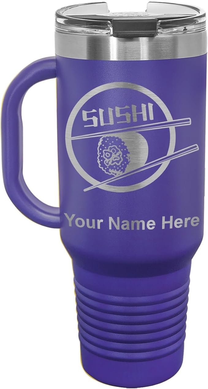 LaserGram 40oz Vacuum Insulated Travel Mug with Handle, Sushi, Personalized Engraving Included (Dark Purple)