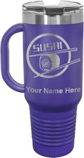 LaserGram 40oz Vacuum Insulated Travel Mug with Handle, Sushi, Personalized Engraving Included (Dark Purple)