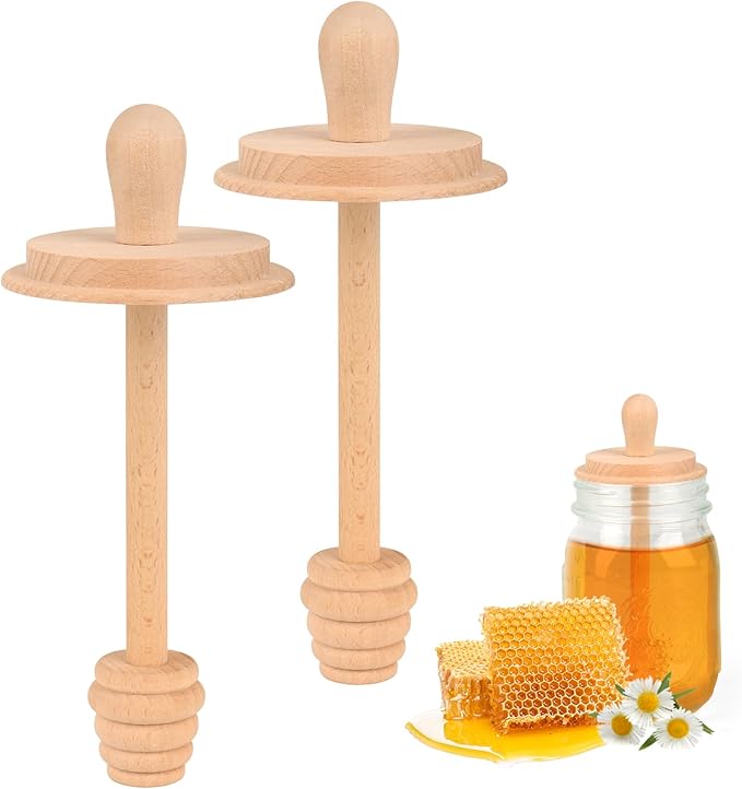 Wooden Mason Jar Honey Dippers - Honey Dipper Wooden Stick for Regular Mouth Mason Jars, Honey Spoon Mason Jar Honeycomb Lid for Regular Mouth 16 oz Mason, Ball Jars (2X Honey Dippers Standard 16OZ)