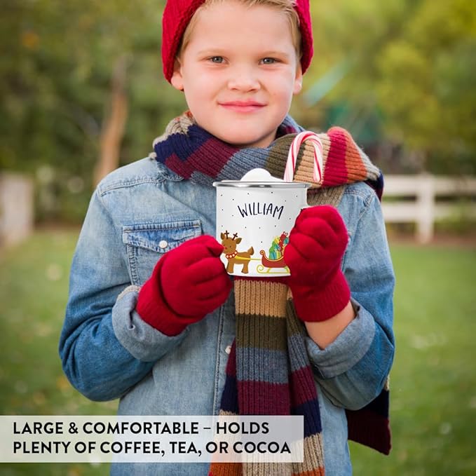 Andaz Press Personalized Name 11oz. Kids Christmas Hot Chocolate Stainless Steel Campfire Coffee Mug Adorable Rudolph Reindeer Sleigh, 1-Pack Custom Birthday Xmas Cup Hot Cocoa Mugs Christmas Mug Kids