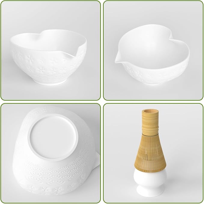 Matcha Whisk Set & Japanese Tea Set, 8PCS Ceramic Matcha Kit, Heart-shaped Matcha Bowl with Spout and Bamboo Whisk for Ceremony Matcha Lovers, Ideal Gift Christmas and Birthday (Ivory White)