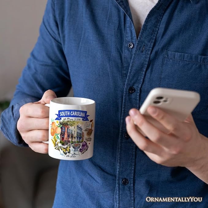 OrnamentallyYou State Travel Landmark Mugs – 12 oz Ceramic Coffee Cups, U.S. Souvenir Gift for Tourists (Artistic South Carolina State Themes and Landmarks Mug)