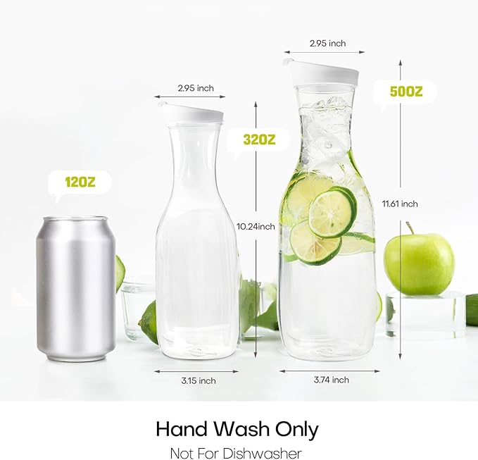 Water Carafe with Lid, 50 Oz Round Plastic Pitcher for Drinks, Milk, Mimosa Bar Supplies, Iced Tea, Juice Containers with Lids for Fridge, BPA-Free, NOT DISHWASHER SAFE, 6 Pack