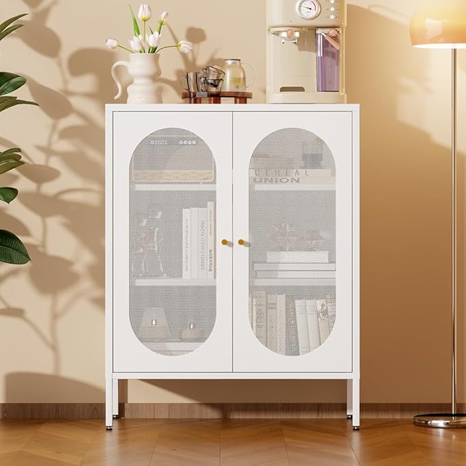 Small Cabinet with 2 Mesh Doors，Small White Cabinet with High Feet, Metal Pantry with Adjustable Shelf, Sideboards for Room, Office, Living Room,Dining Room,Sideboard, Hallway and Entryway