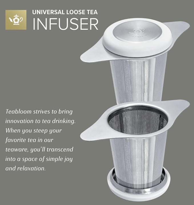 Teabloom Universal Loose Tea Infuser with Dual-Purpose Lid/Dish – Fits Cups, Mugs, Teapots – Tea Connoisseur's Choice – Steep Tea or Coffee