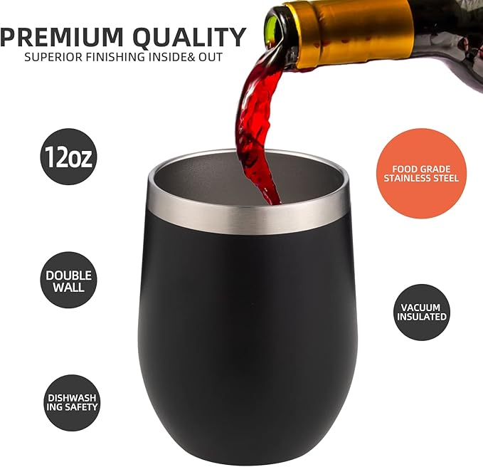 12 oz Insulated Wine Tumbler with Lid and Straw,Stainless Steel Stemless Wine Tumbler Glasses Double Wall Vacuum Wine Cups Tumbler Bulk for Coffee,Champaign,Cocktail,Office(Black,4)
