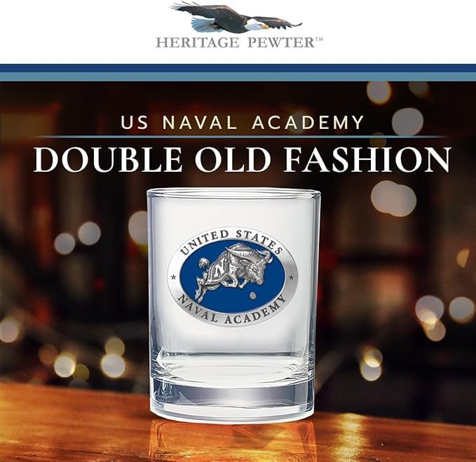 Heritage Pewter US Naval Academy Goat Double Old Fashion | Double Rocks Glass 14 OZ for Liquor | Expertly Crafted Pewter Glass