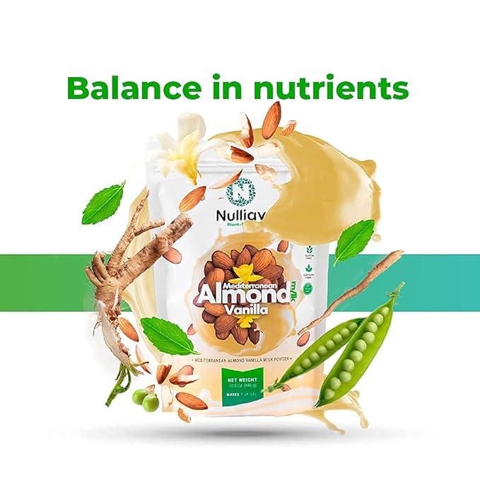 NULLIAV | Almond Milk Powder Vanilla - High Protein Blend with Prebiotic Fiber powder For Gut Health and Digestion - Vegan Plant Based Dairy Free Formula For Lactose Intolerance - 15.5oz Bag Portable Convenient