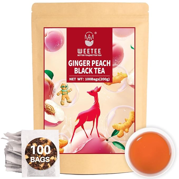 WT WEETEE Ginger Peach Black Tea Bags 100 Counts, Caffeinated, Made of Black Tea, Ginger & Natural Peach Flavor, Fruity & Mildly Gingery