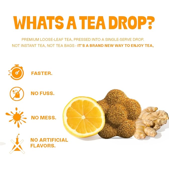 Tea Drops Citrus Ginger Tea | Dissolvable Bagless Loose Leaf | Wellness Boosting, Calming, Caffeine-Free, Naturally Sweetened Organic | Iced or Hot | Gift Set 2 Pack - 20 Servings