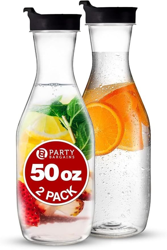 Party Bargains 50 oz. Plastic Carafe with Lids - Clear, 2 Count, Black Flip Tab Lid Premium Quality & Heavy Duty Plastic Pitcher for Iced Tea, Powdered Juice, Cold Beverages, Mimosa Bar