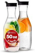 Party Bargains 50 oz. Plastic Carafe with Lids - Clear, 2 Count, Black Flip Tab Lid Premium Quality & Heavy Duty Plastic Pitcher for Iced Tea, Powdered Juice, Cold Beverages, Mimosa Bar
