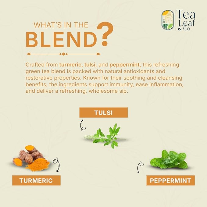 Tealeaf & Co. Turmeric Tulsi Holy Basil Green Tea - Turmeric, Tulsi & Peppermint Tea Blended with Fresh Herbs & Spices - Low Caffeine & Vegan - 100 Teabags (7.055oz/200gm)