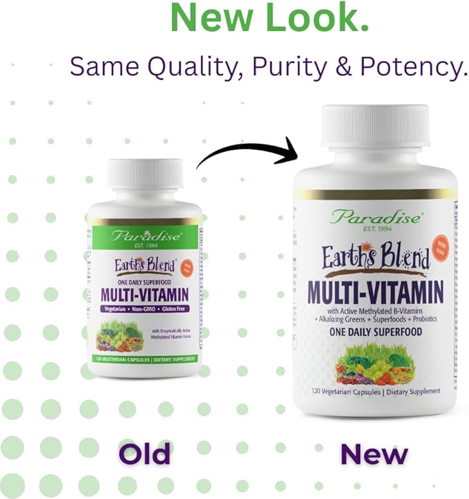Paradise Herbs Earth's Blend Women's Once Daily Multivitamin with Iron, 48 Organic Superfoods, Probiotics, Antioxidants, Vitamins A, B12, C, D, K2, 120 Capsules
